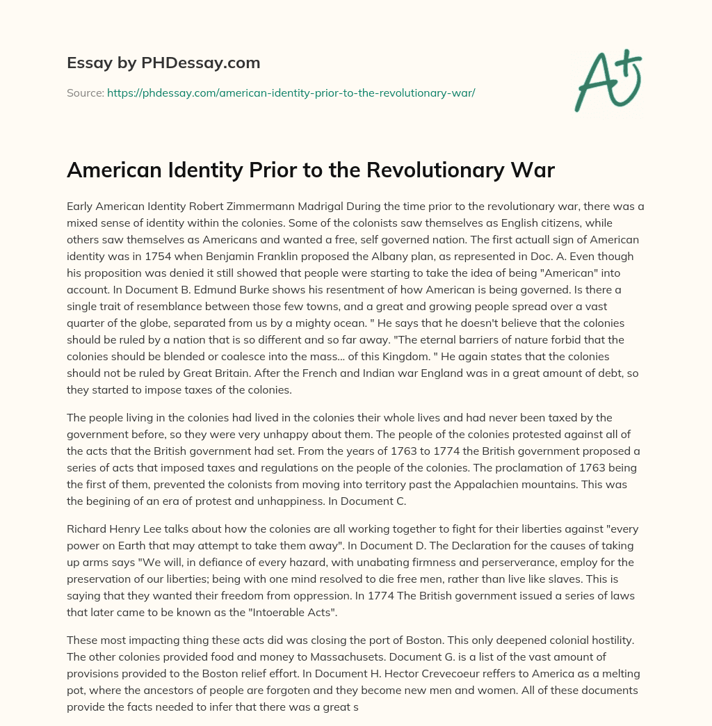 American Identity Prior to the Revolutionary War essay