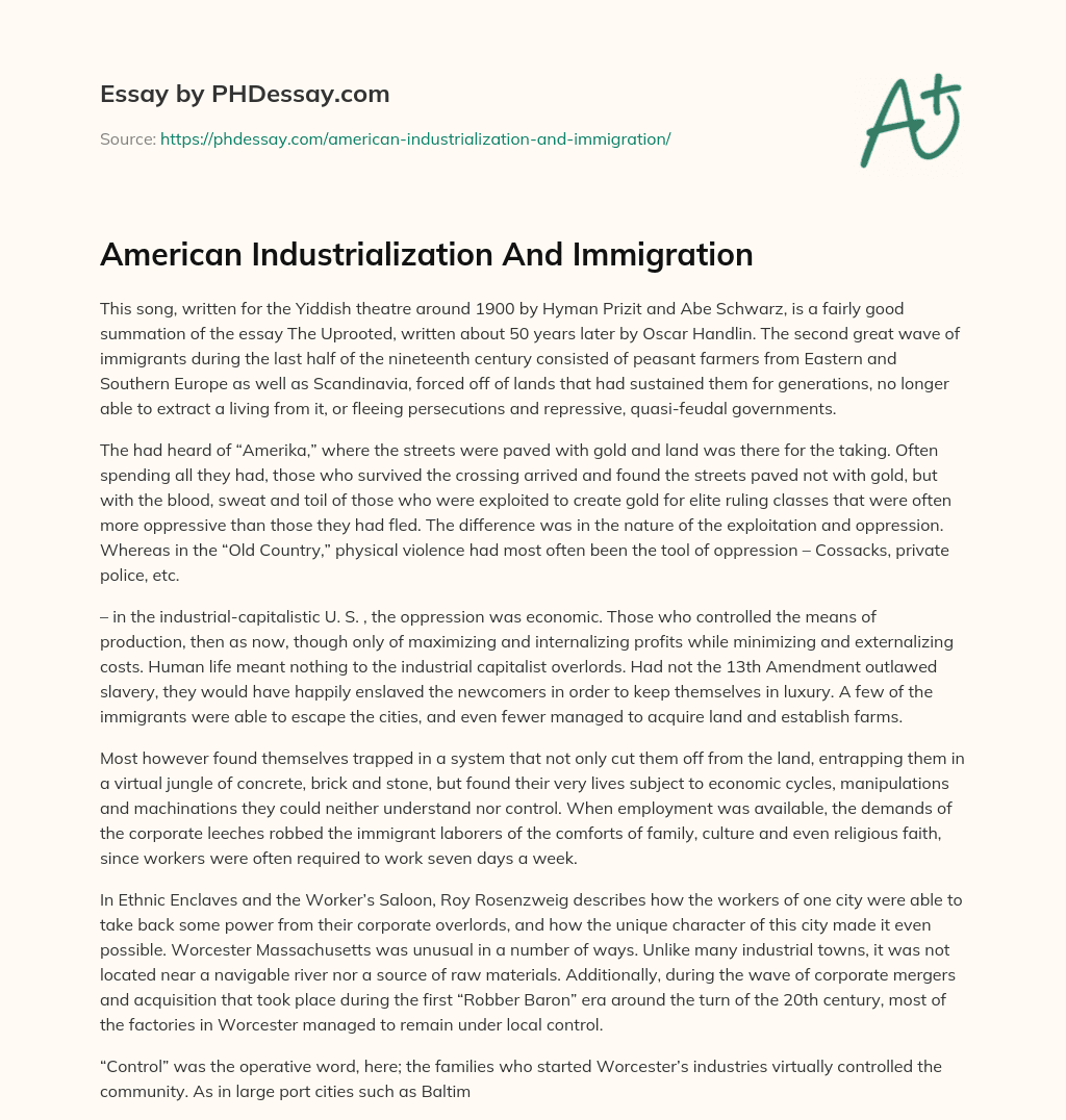 American Industrialization And Immigration essay