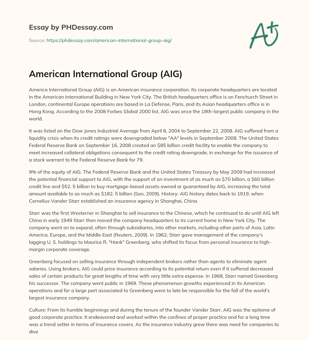 American International Group (AIG) essay