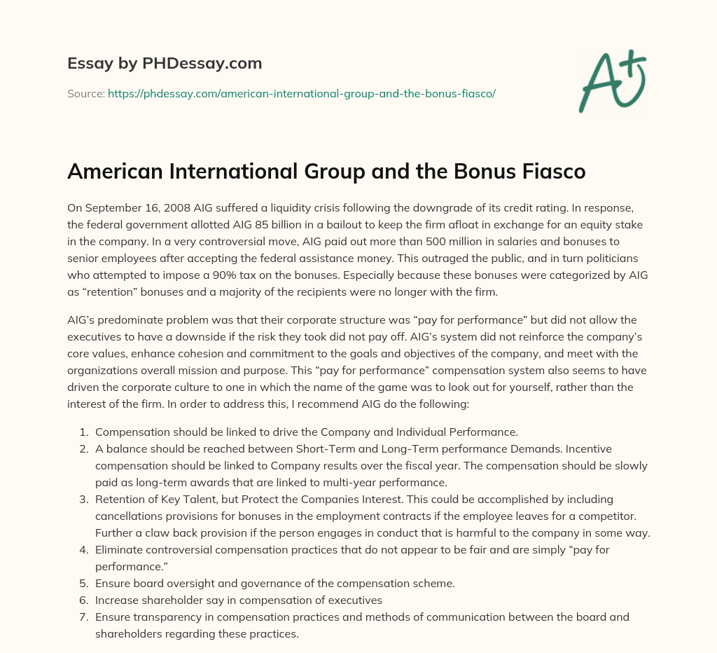 American International Group and the Bonus Fiasco essay