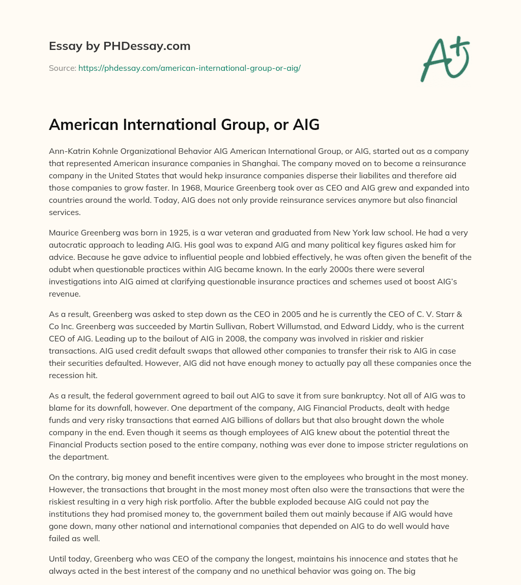 American International Group, or AIG essay
