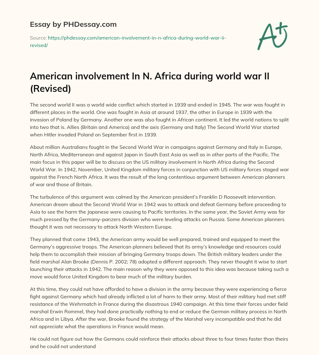 American involvement In N. Africa during world war II (Revised) essay