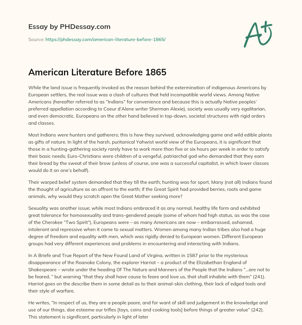 American Literature Before 1865 essay