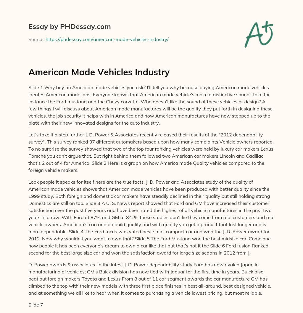 American Made Vehicles Industry essay