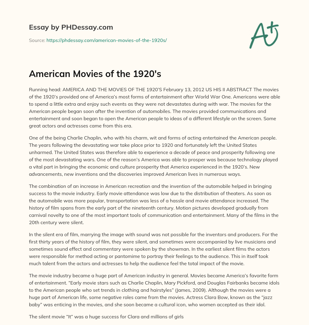 American Movies of the 1920’s essay