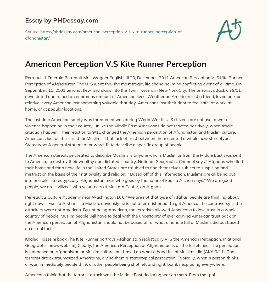 American Perception V.S Kite Runner Perception essay