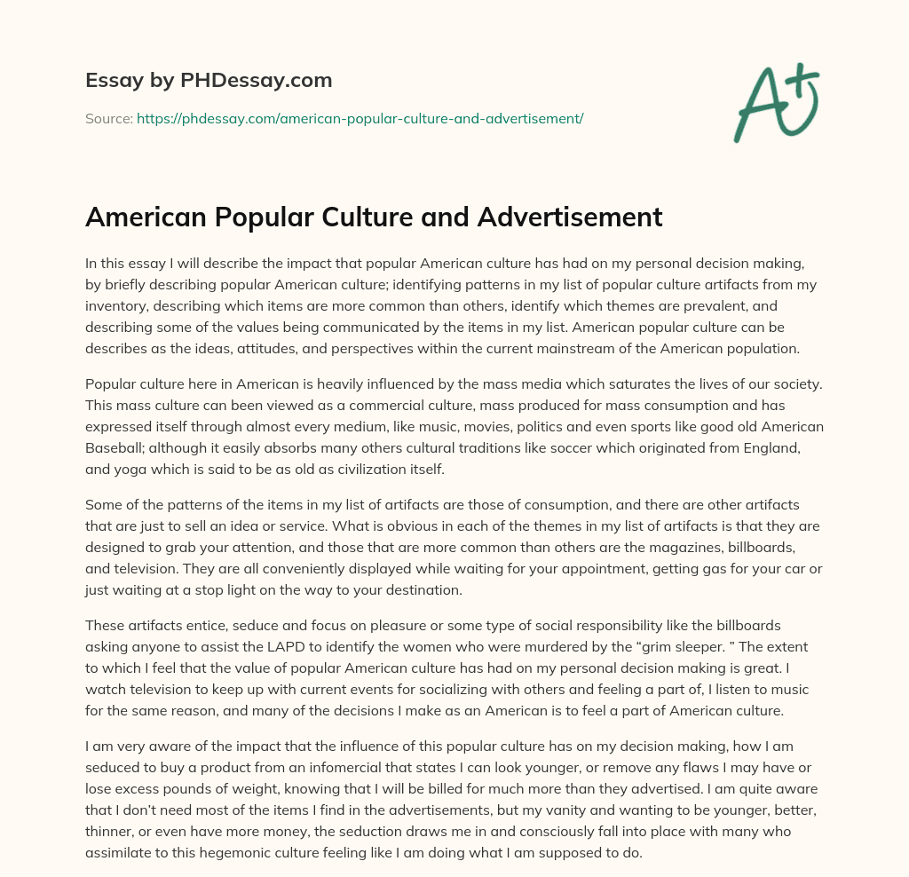 American Popular Culture and Advertisement essay