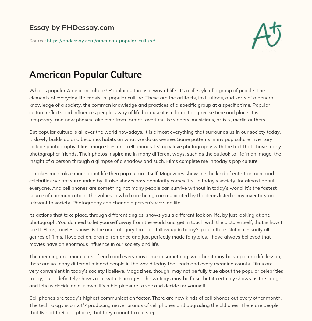 American Popular Culture essay
