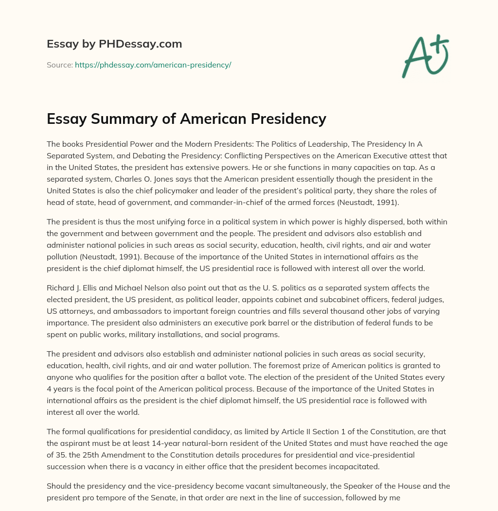 Essay Summary of American Presidency essay