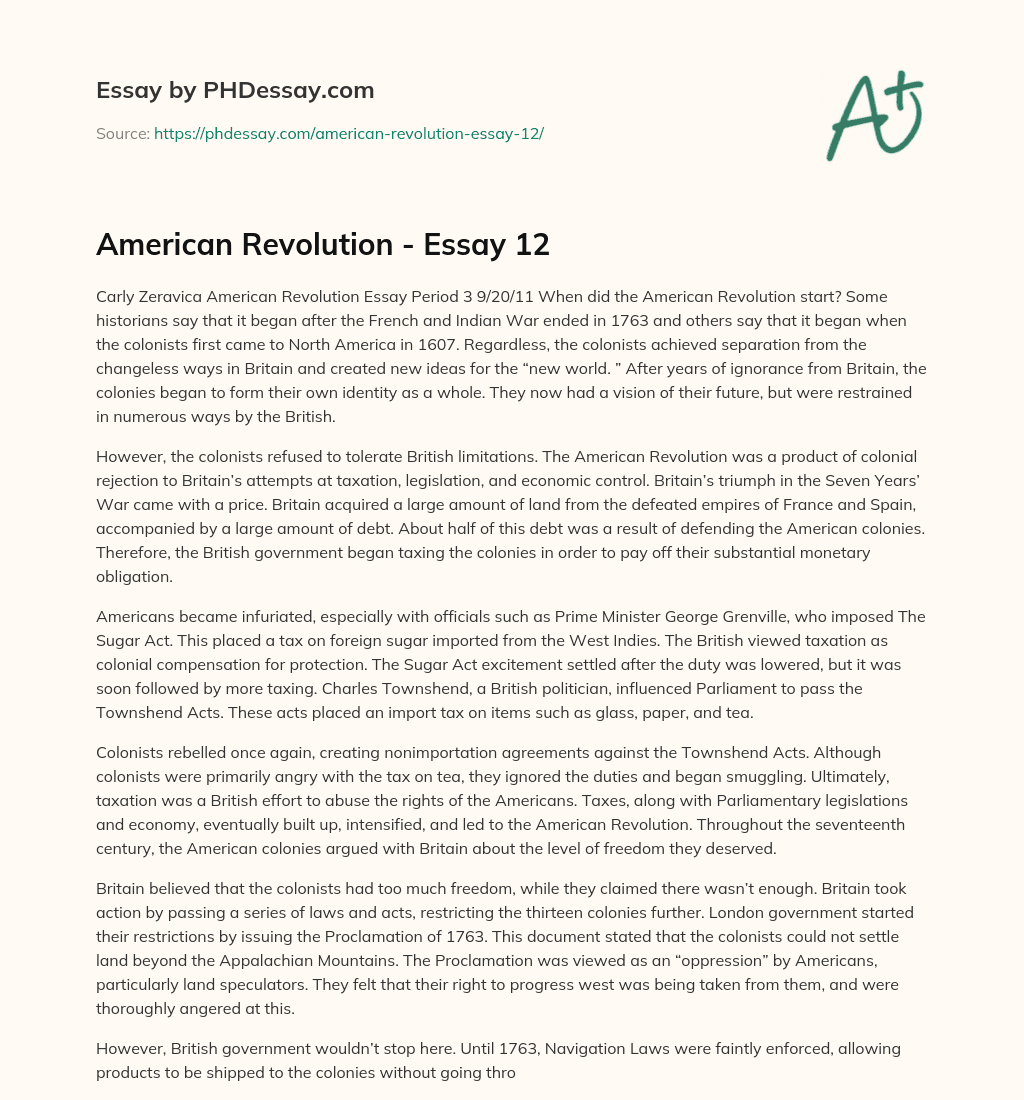 American Revolution – Essay 12 essay