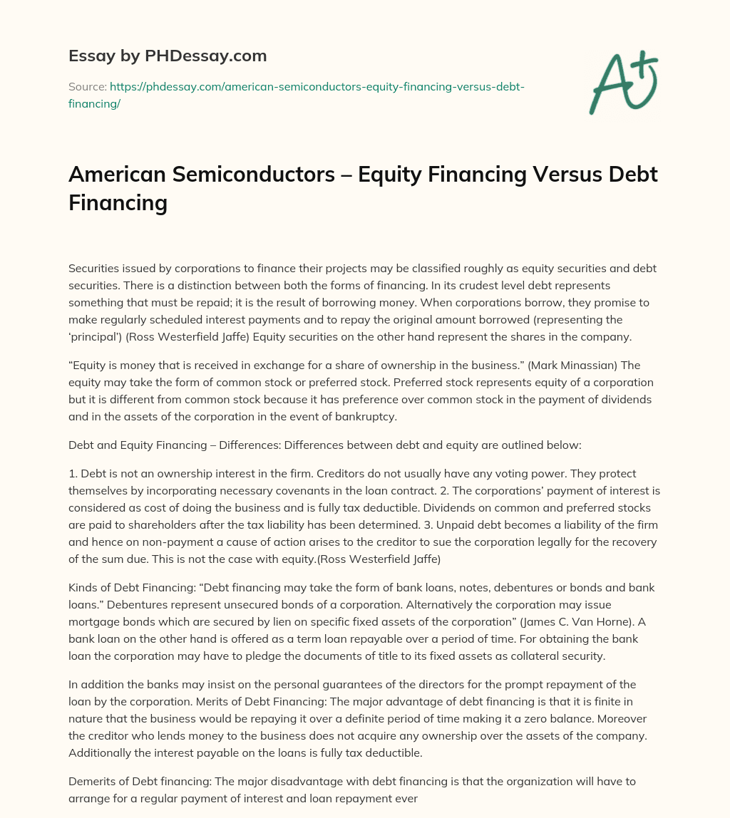 American Semiconductors – Equity Financing Versus Debt Financing essay