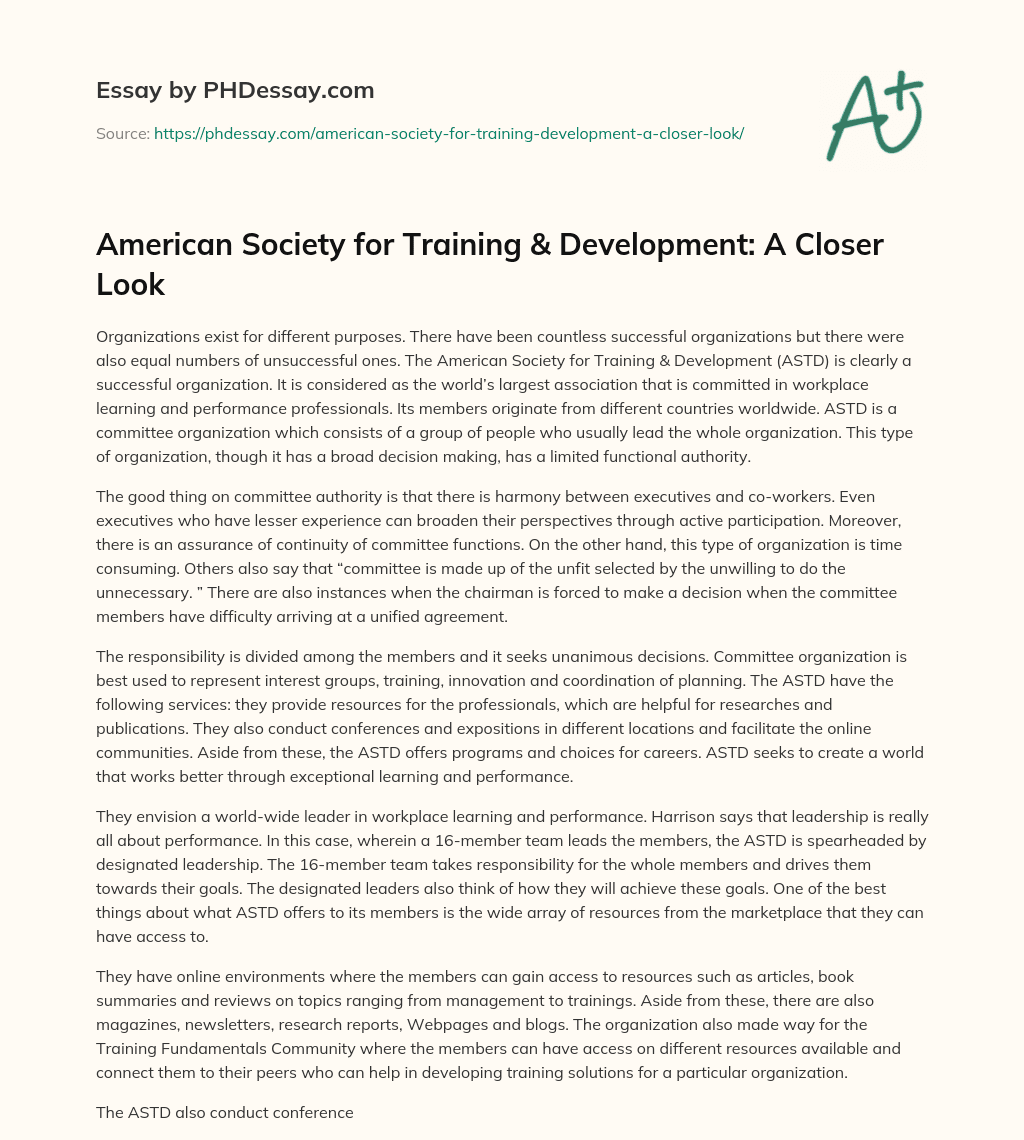 American Society for Training & Development: A Closer Look essay