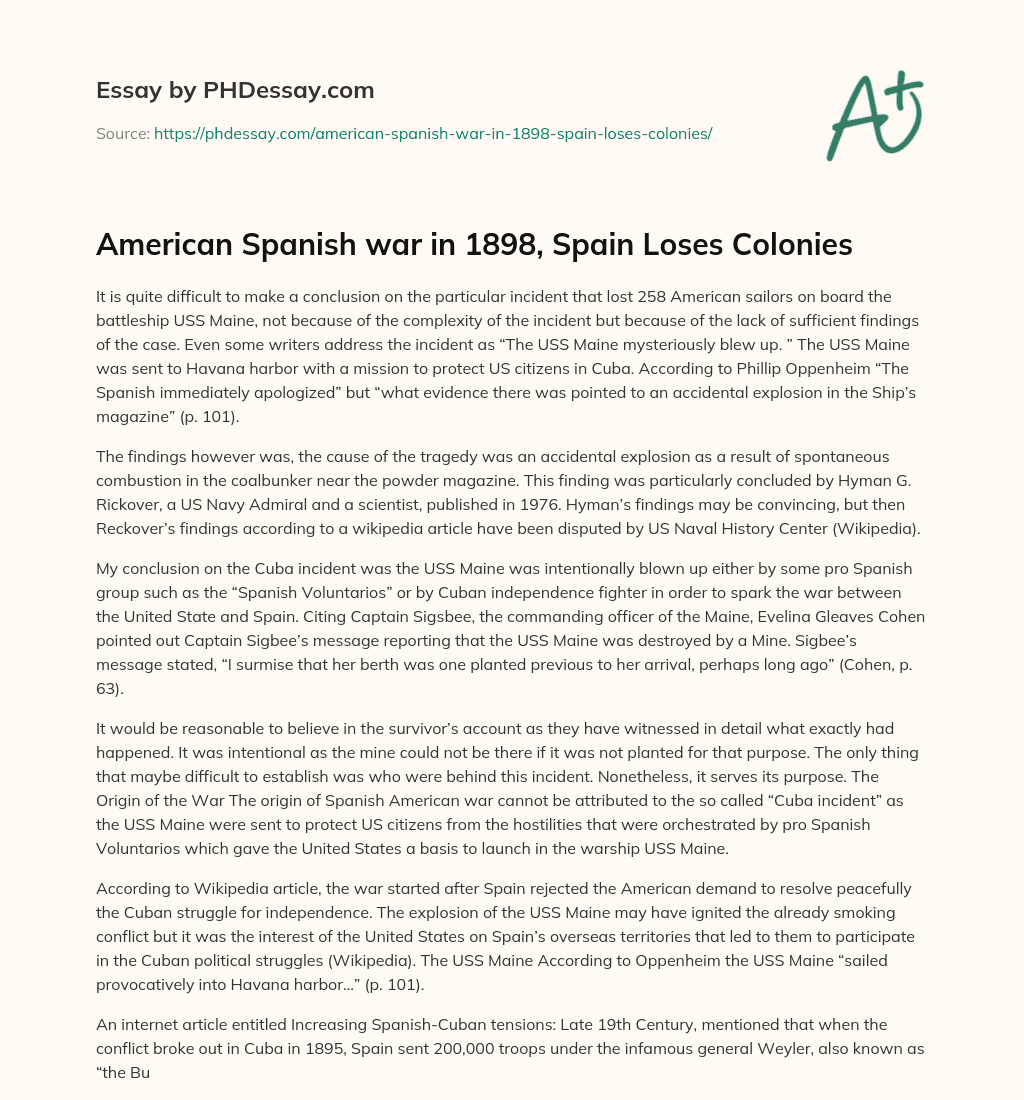 American Spanish war in 1898, Spain Loses Colonies essay