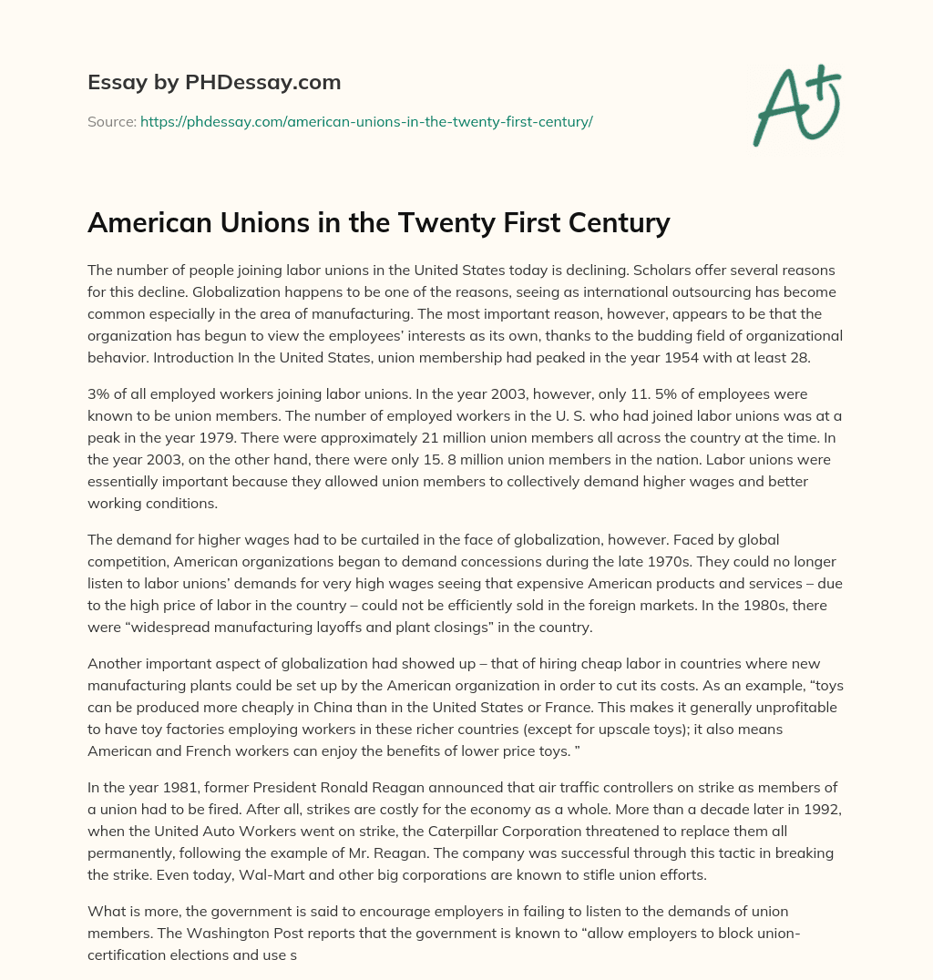 American Unions in the Twenty First Century essay