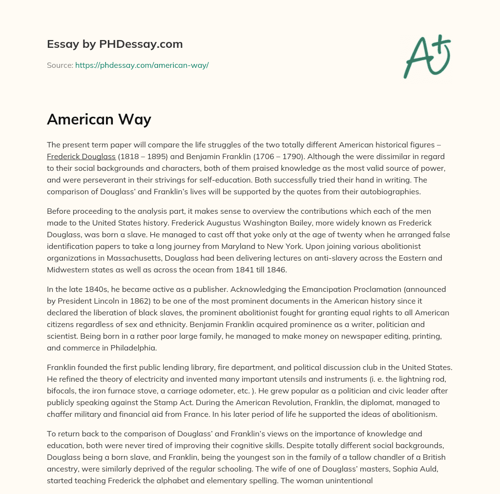 Comparison of Life Struggles: Frederick Douglass and Benjamin Franklin essay