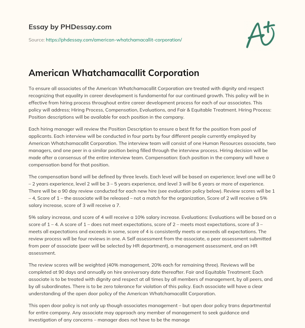 American Whatchamacallit Corporation essay