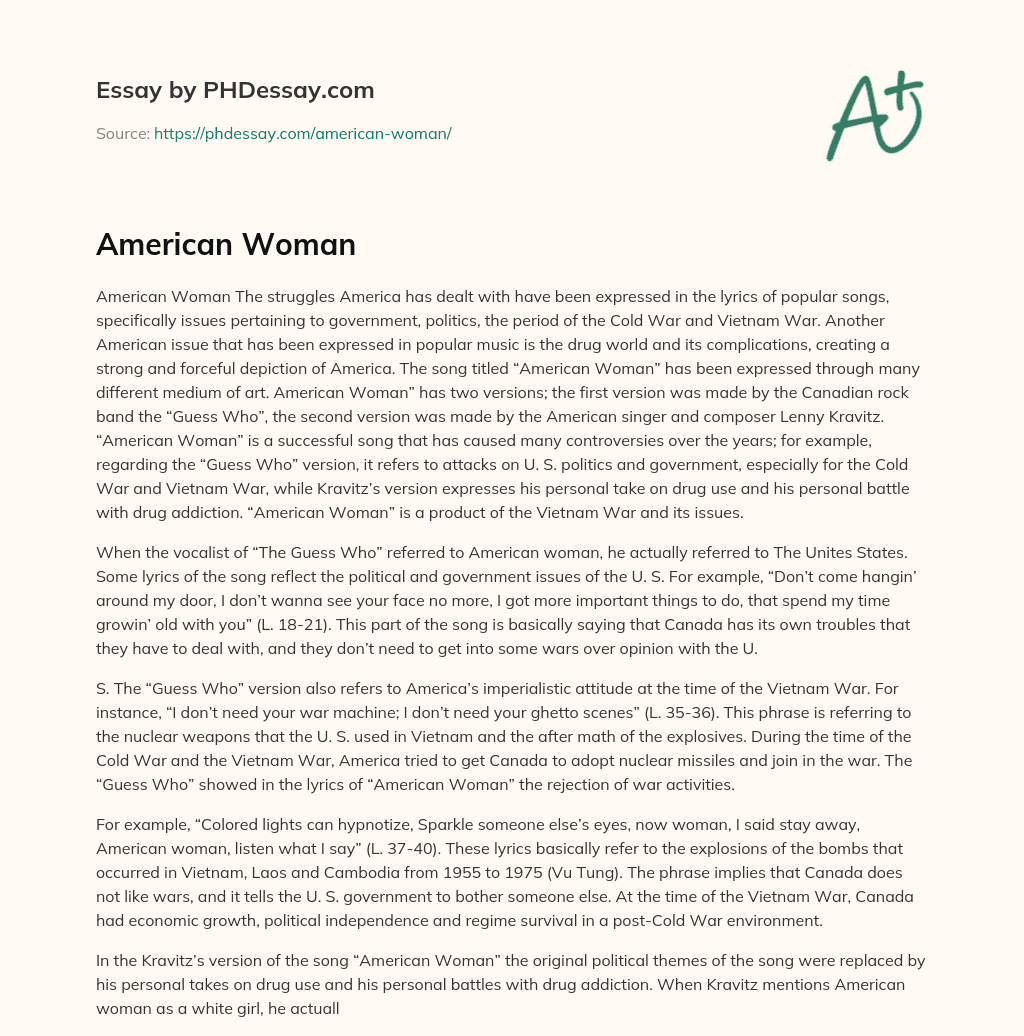 American Woman Song Reflects American Struggles and Controversies essay