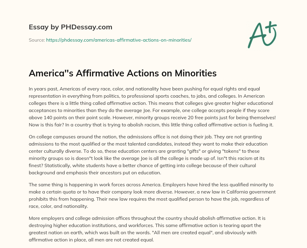 America”s Affirmative Actions on Minorities essay