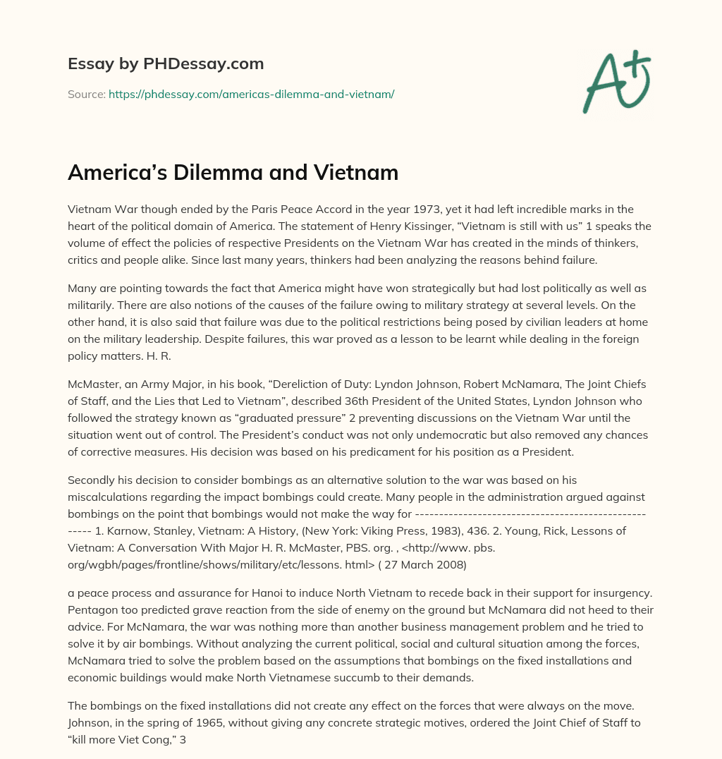 America’s Dilemma and Vietnam essay
