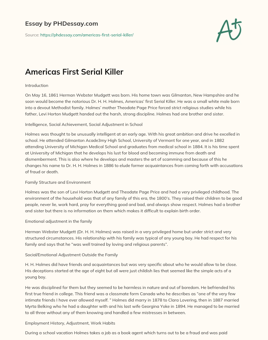 Americas First Serial Killer essay