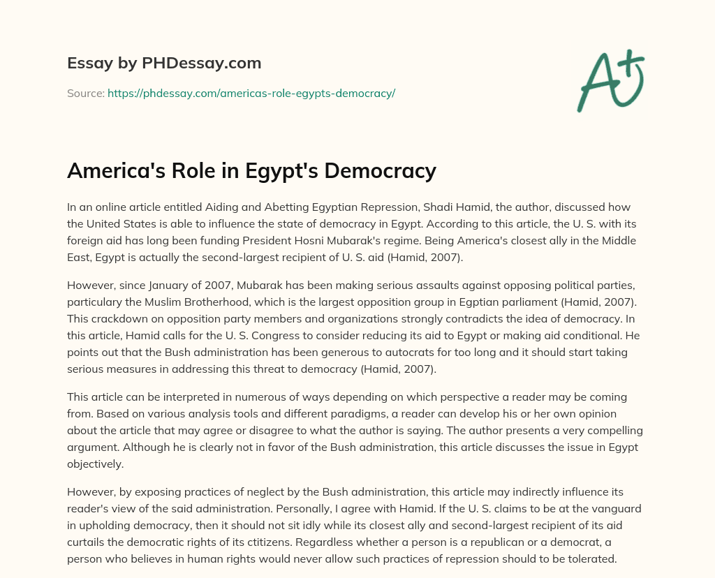 America’s Role in Egypt’s Democracy essay