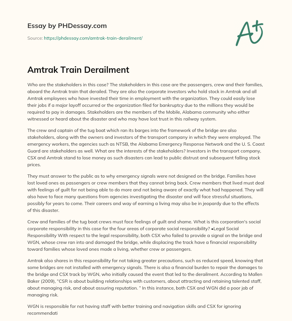 Amtrak Train Derailment essay