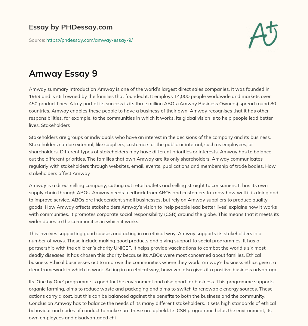 Amway: A Global Direct Sales Company and its Stakeholders essay