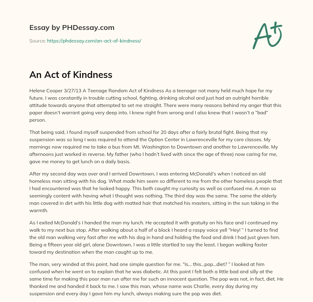 an act of kindness you experienced essay