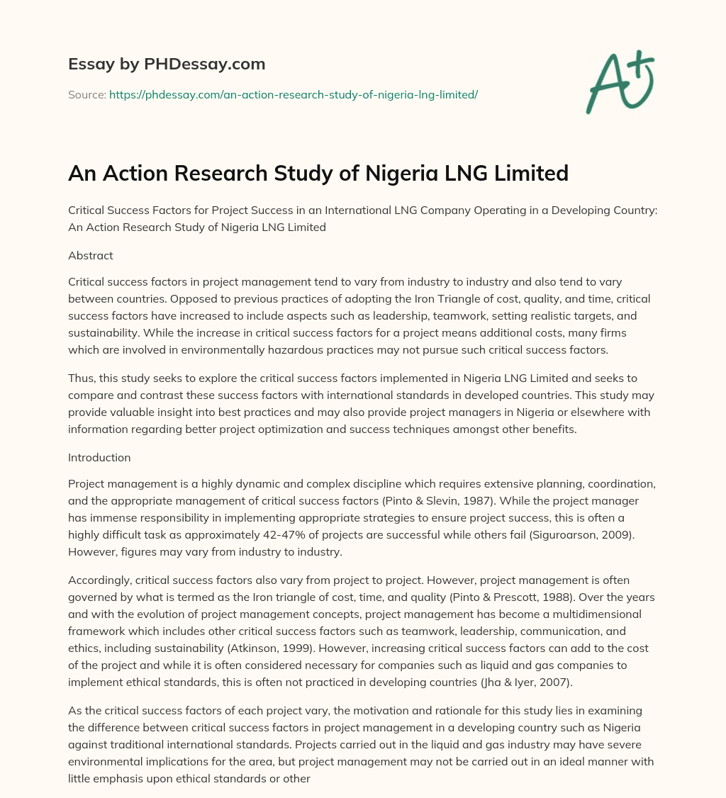 An Action Research Study of Nigeria LNG Limited essay