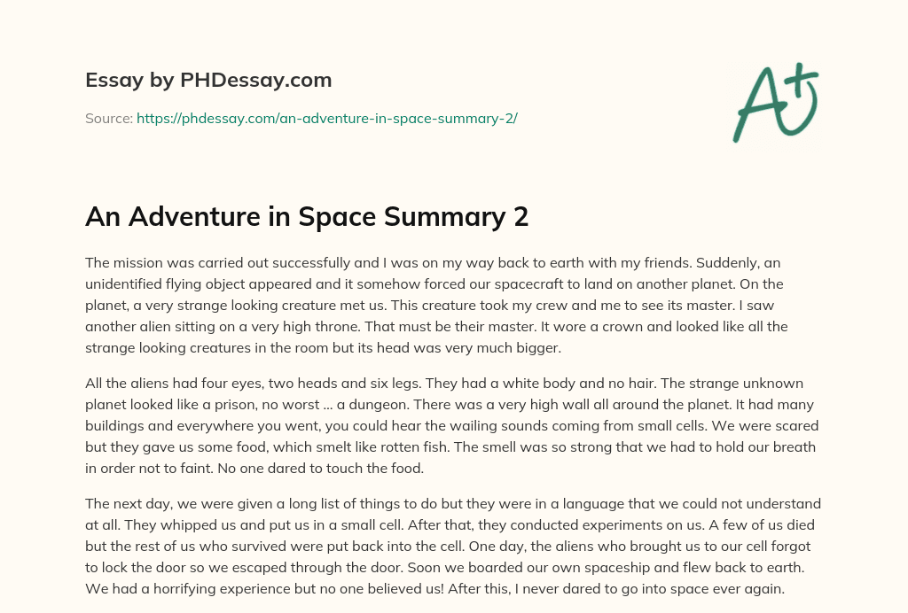 An Adventure in Space Summary 2 essay