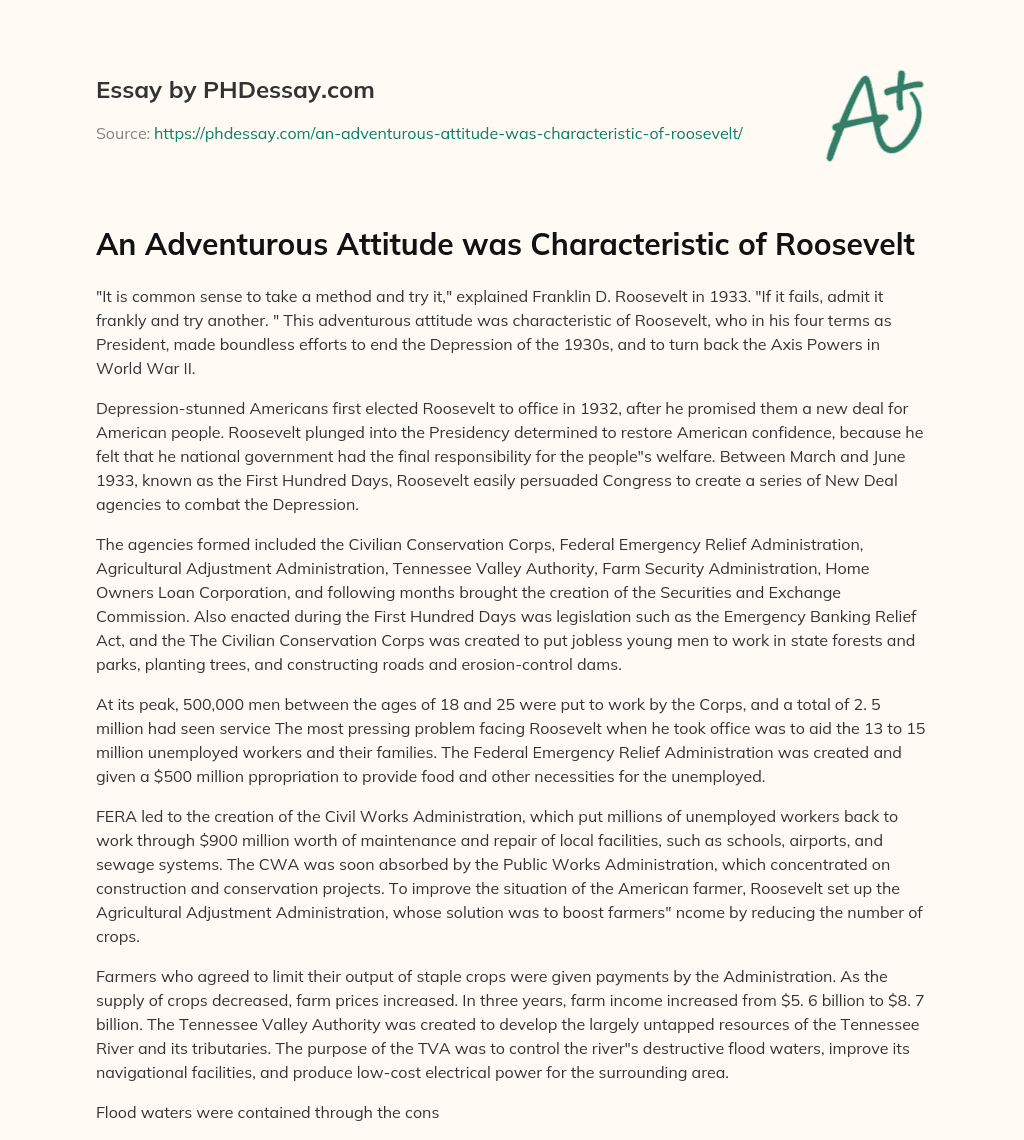 An Adventurous Attitude was Characteristic of Roosevelt essay