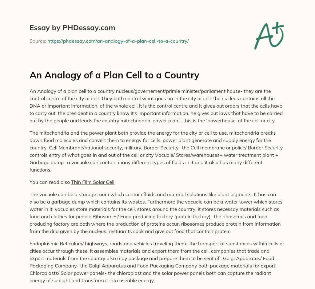 An Analogy of a Plan Cell to a Country essay