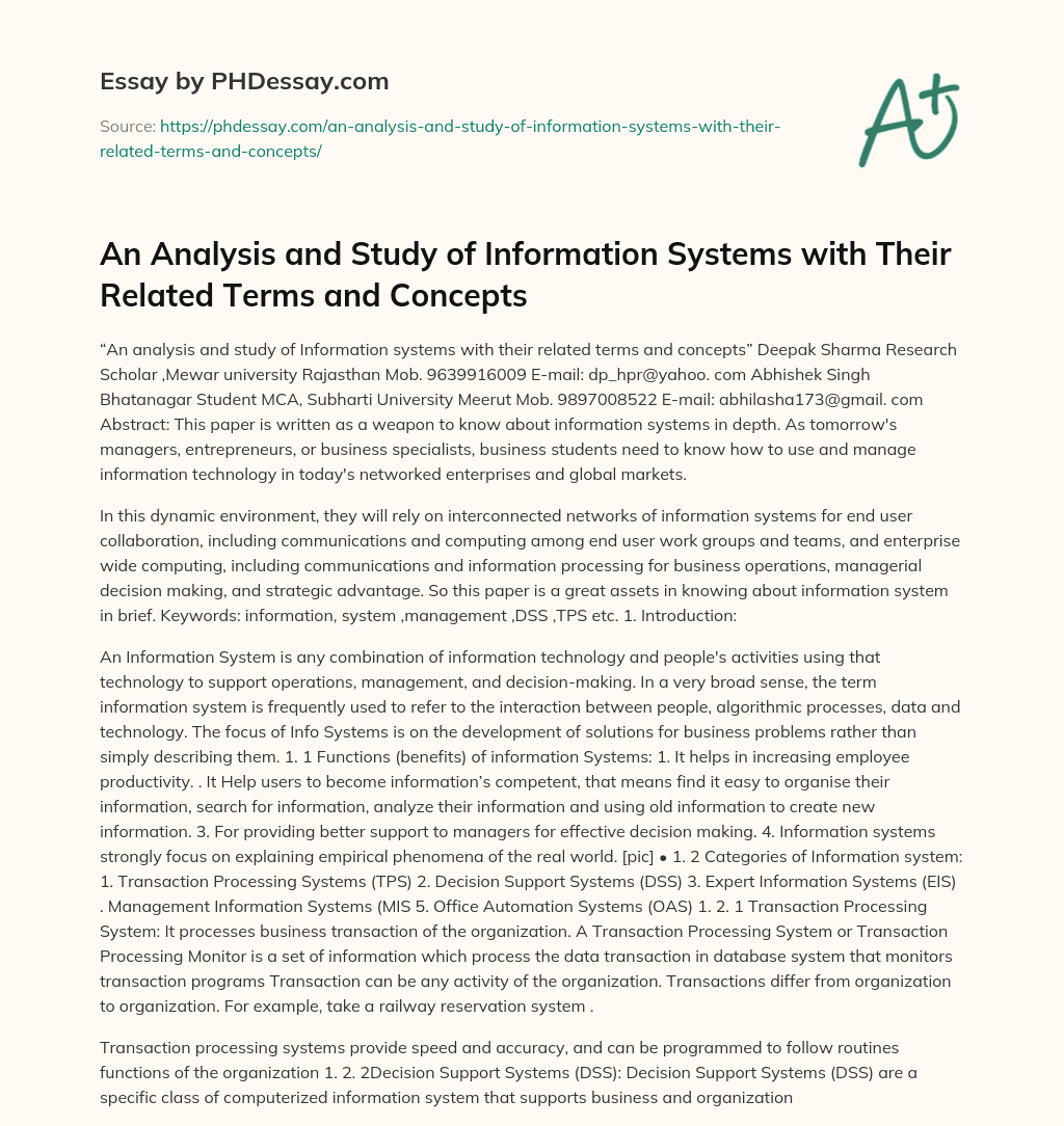 An Analysis and Study of Information Systems with Their Related Terms and Concepts essay