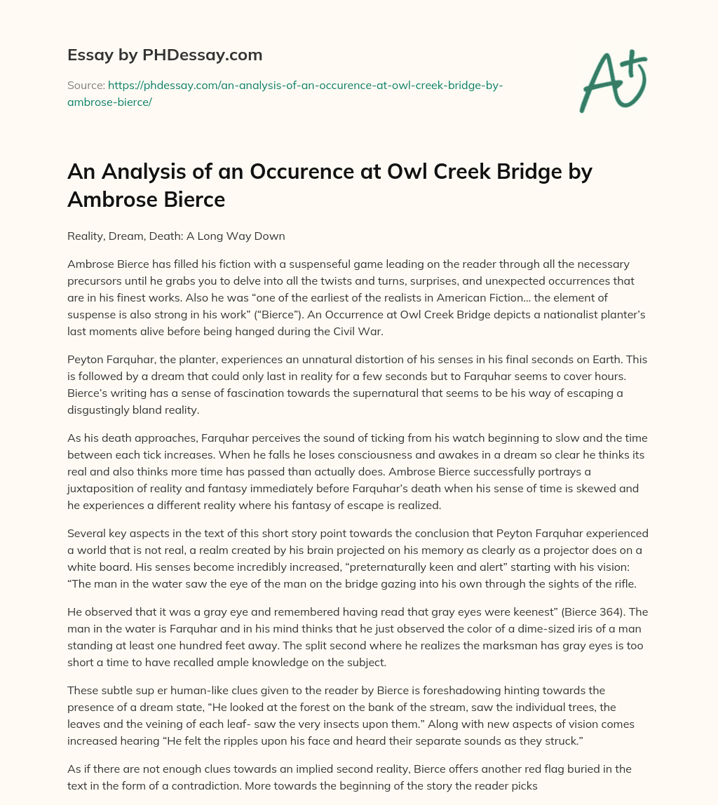 An Analysis of an Occurence at Owl Creek Bridge by Ambrose Bierce essay
