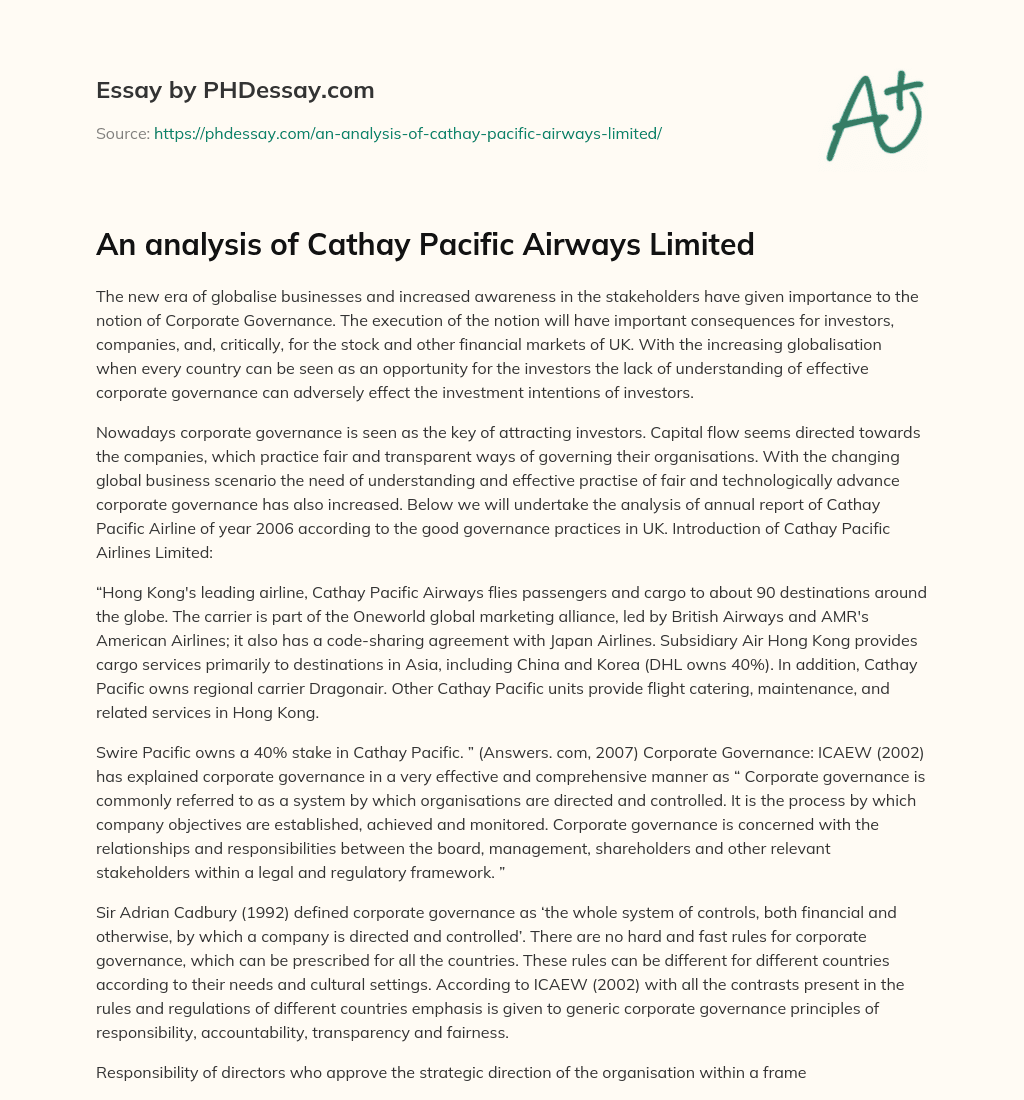 An analysis of Cathay Pacific Airways Limited essay