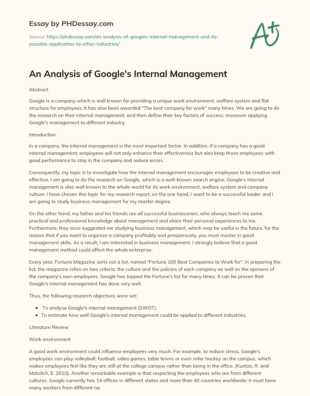 An Analysis of Google’s Internal Management essay