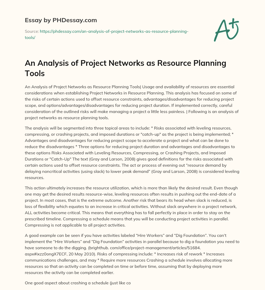 An Analysis of Project Networks as Resource Planning Tools essay