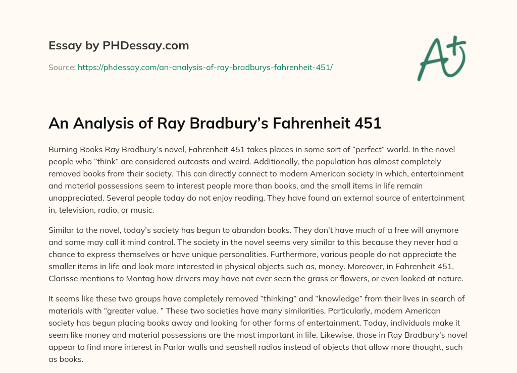An Analysis of Ray Bradbury’s Fahrenheit 451 essay