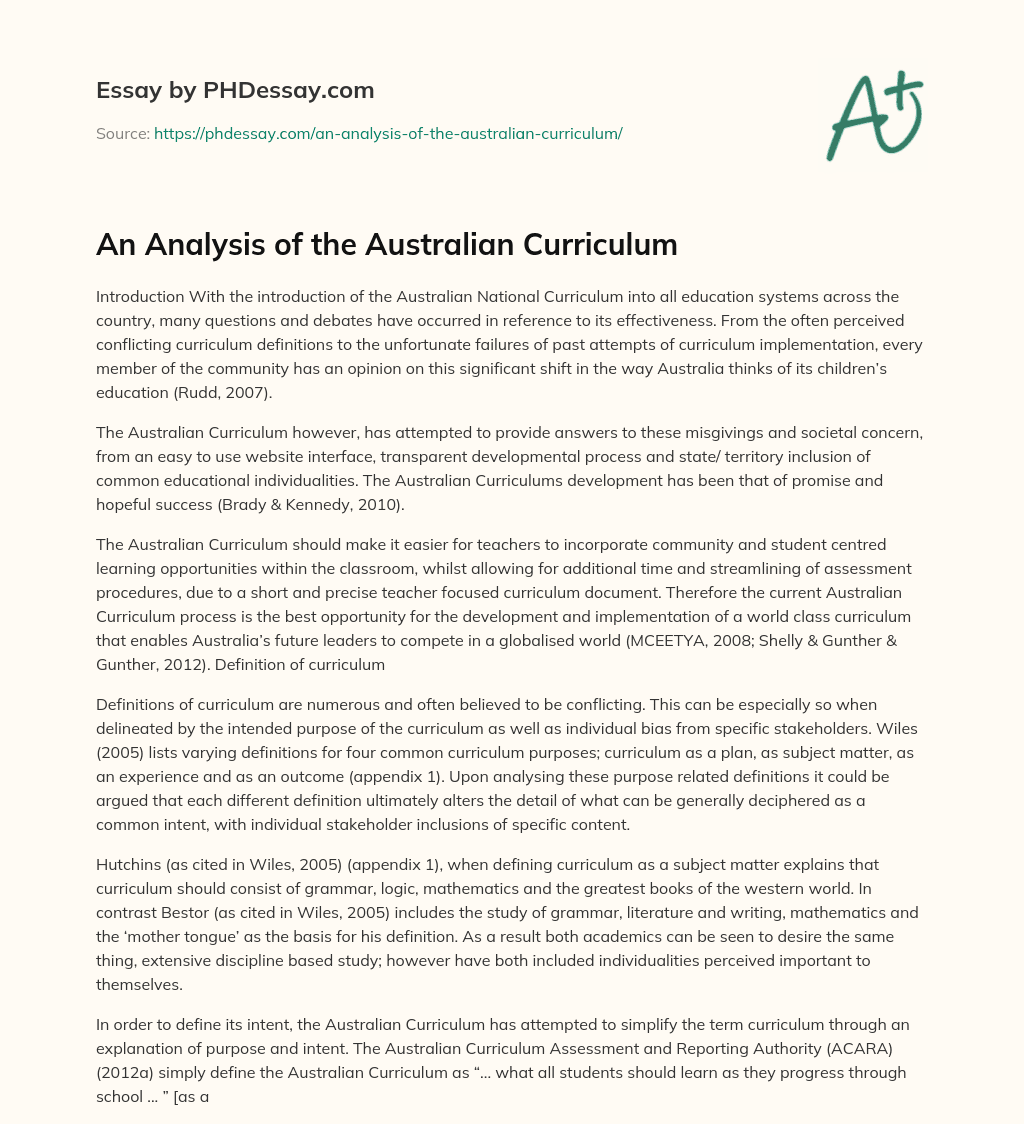 An Analysis of the Australian Curriculum essay