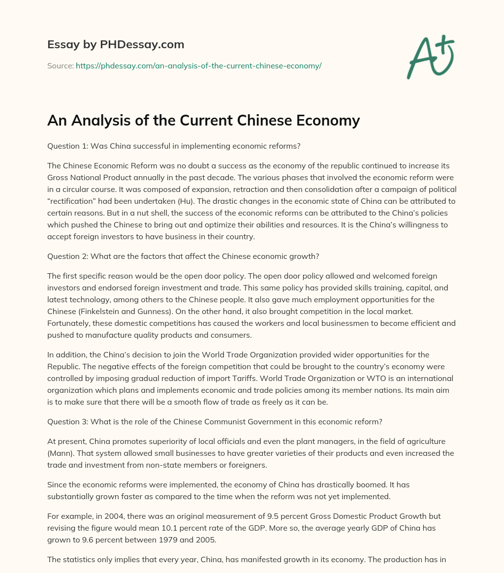 An Analysis of the Current Chinese Economy essay