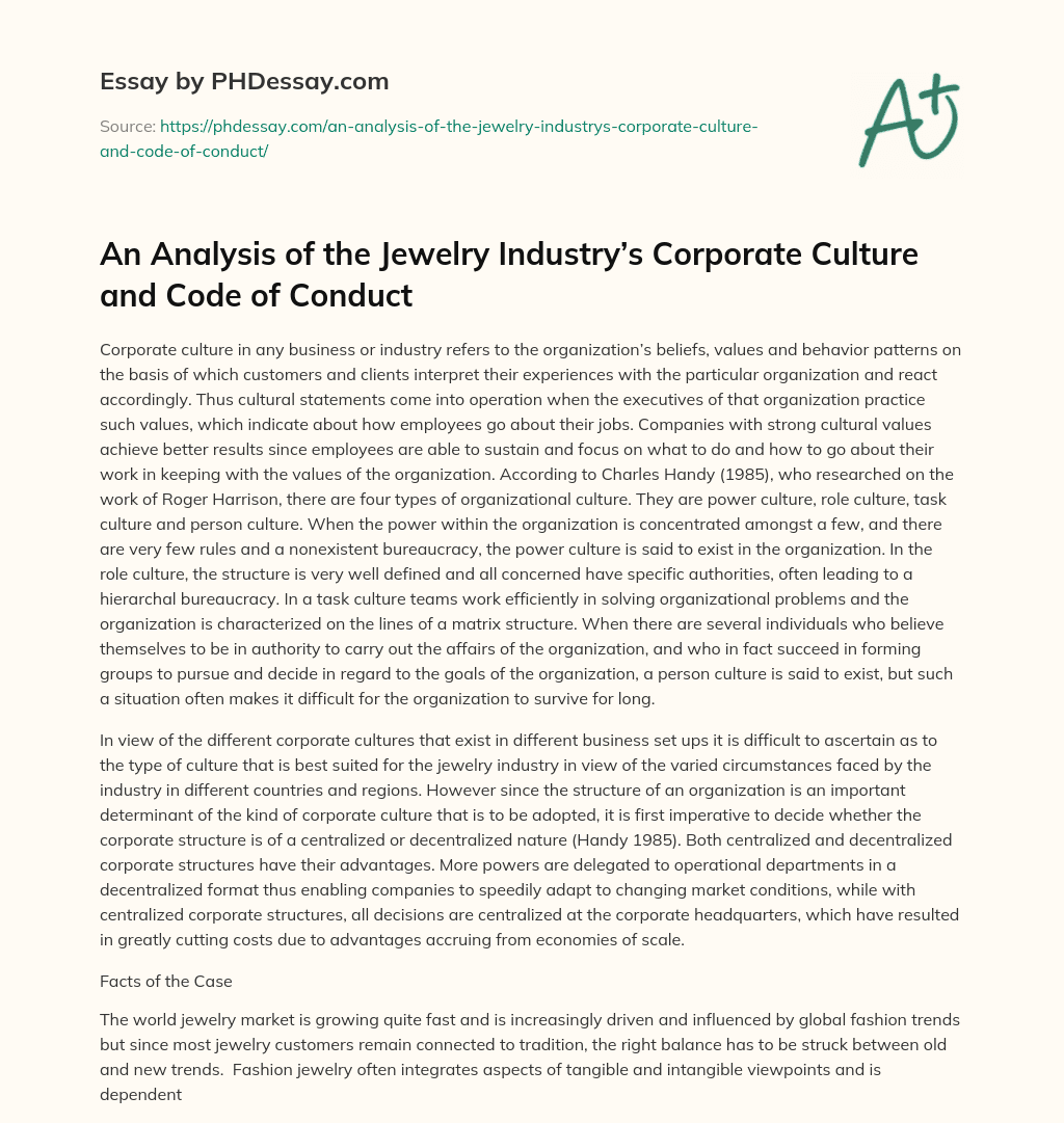An Analysis of the Jewelry Industry’s Corporate Culture and Code of Conduct essay