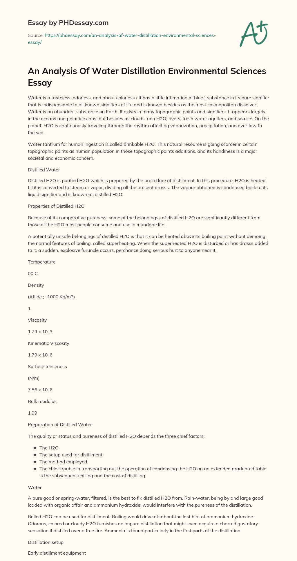 An Analysis Of Water Distillation Environmental Sciences Essay essay