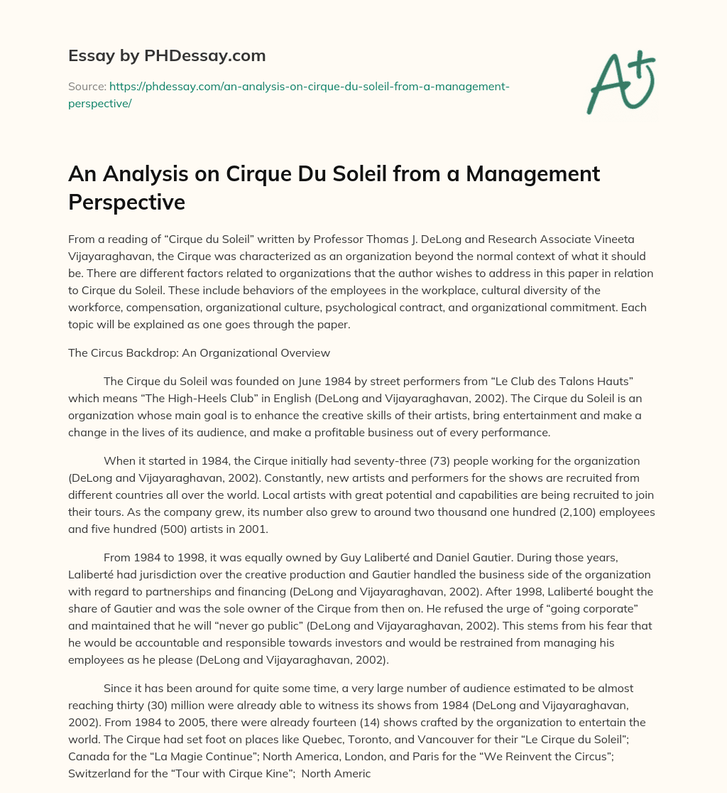 An Analysis on Cirque Du Soleil from a Management Perspective essay