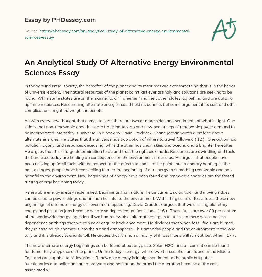 An Analytical Study Of Alternative Energy Environmental Sciences Essay essay