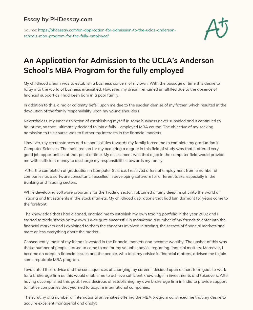 An Application for Admission to the UCLA’s Anderson School’s MBA Program for the fully employed essay