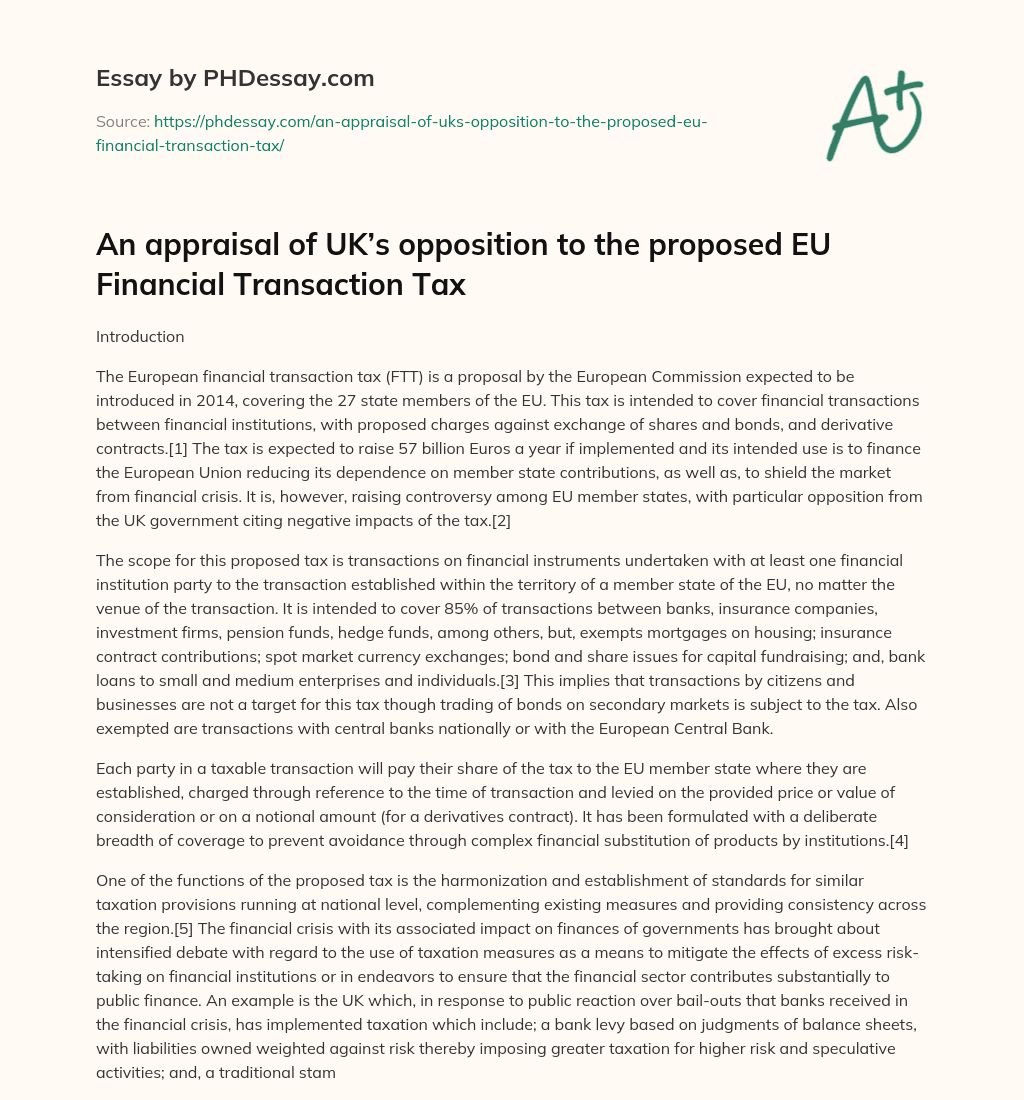 An appraisal of UK’s opposition to the proposed EU Financial Transaction Tax essay