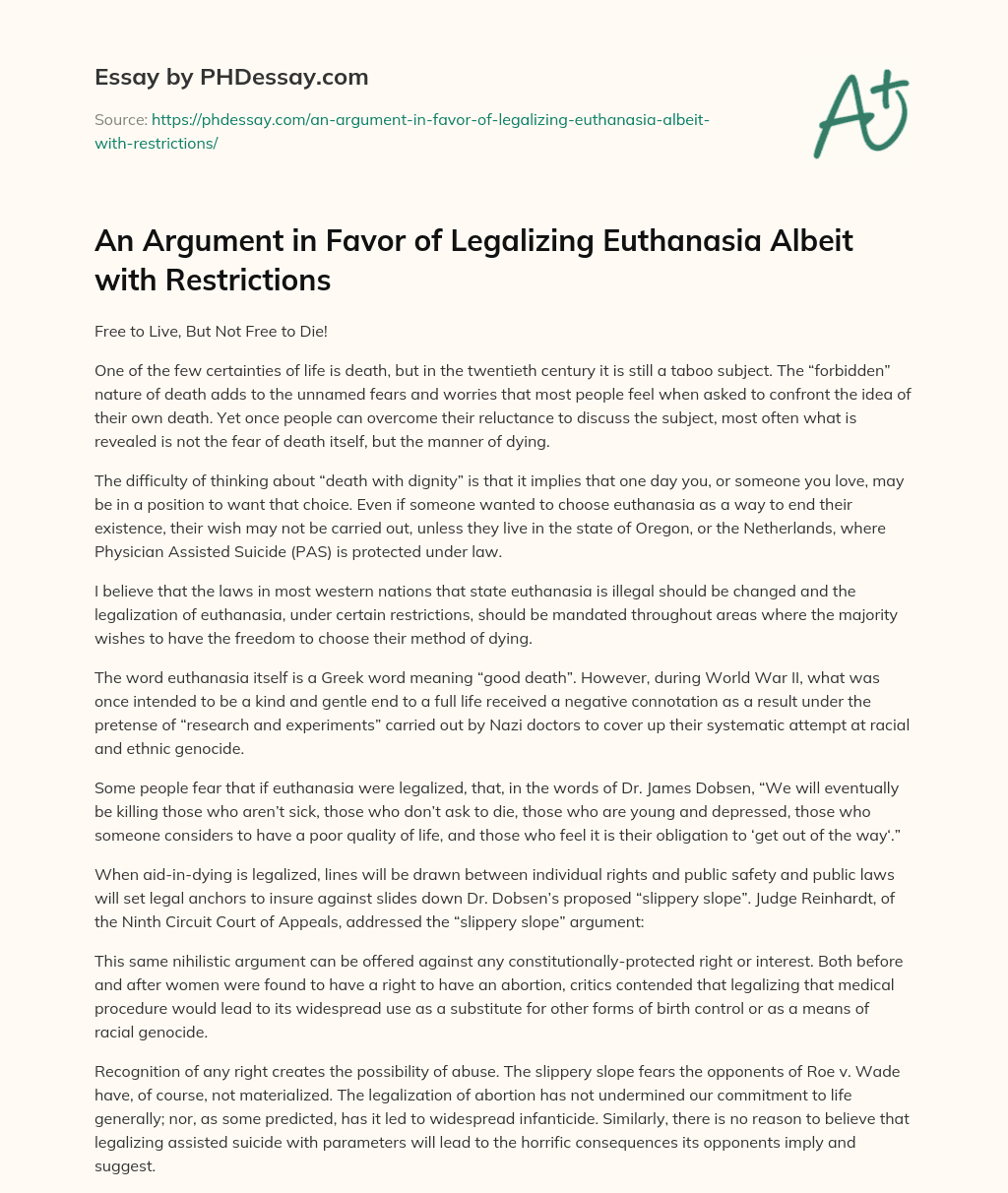 An Argument in Favor of Legalizing Euthanasia Albeit with Restrictions essay