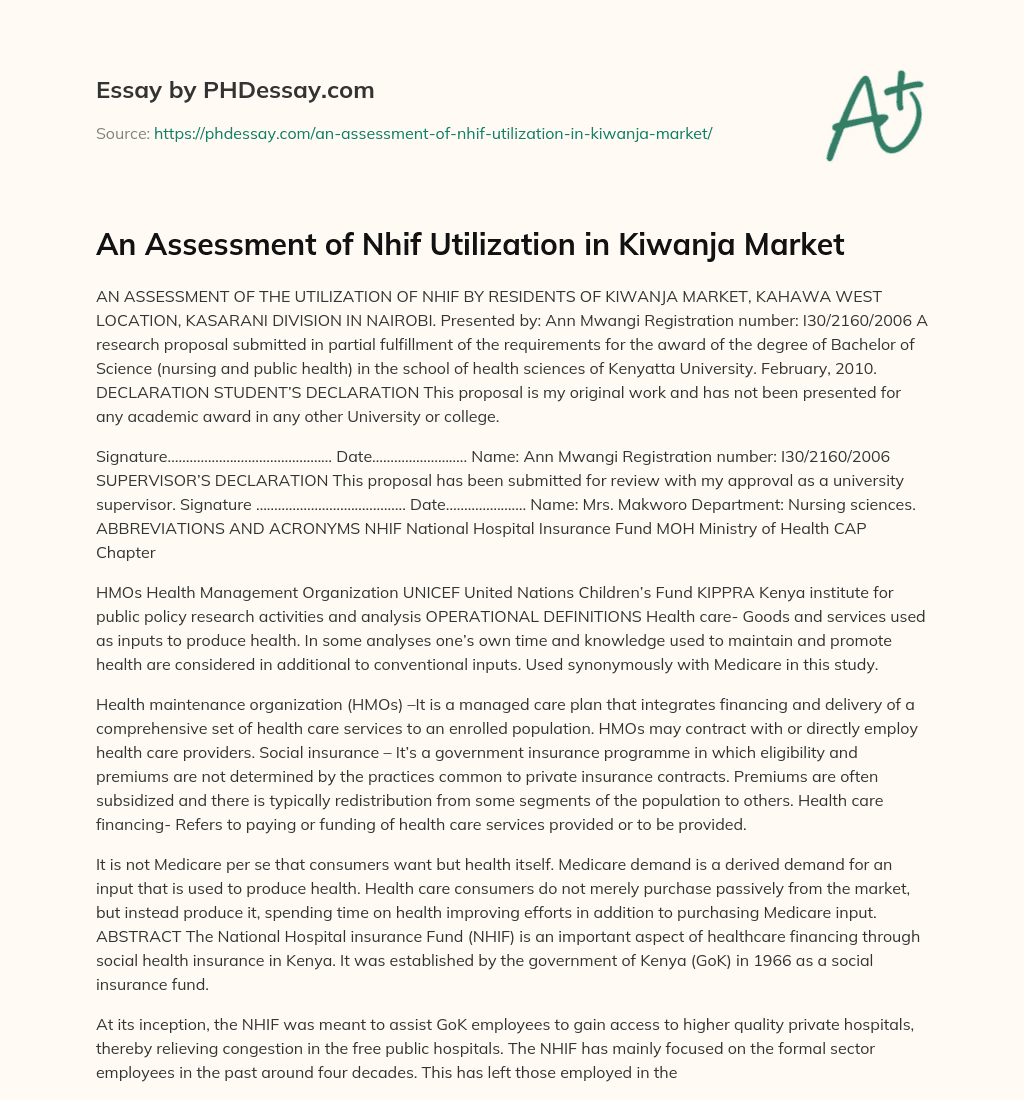 An Assessment of Nhif Utilization in Kiwanja Market essay