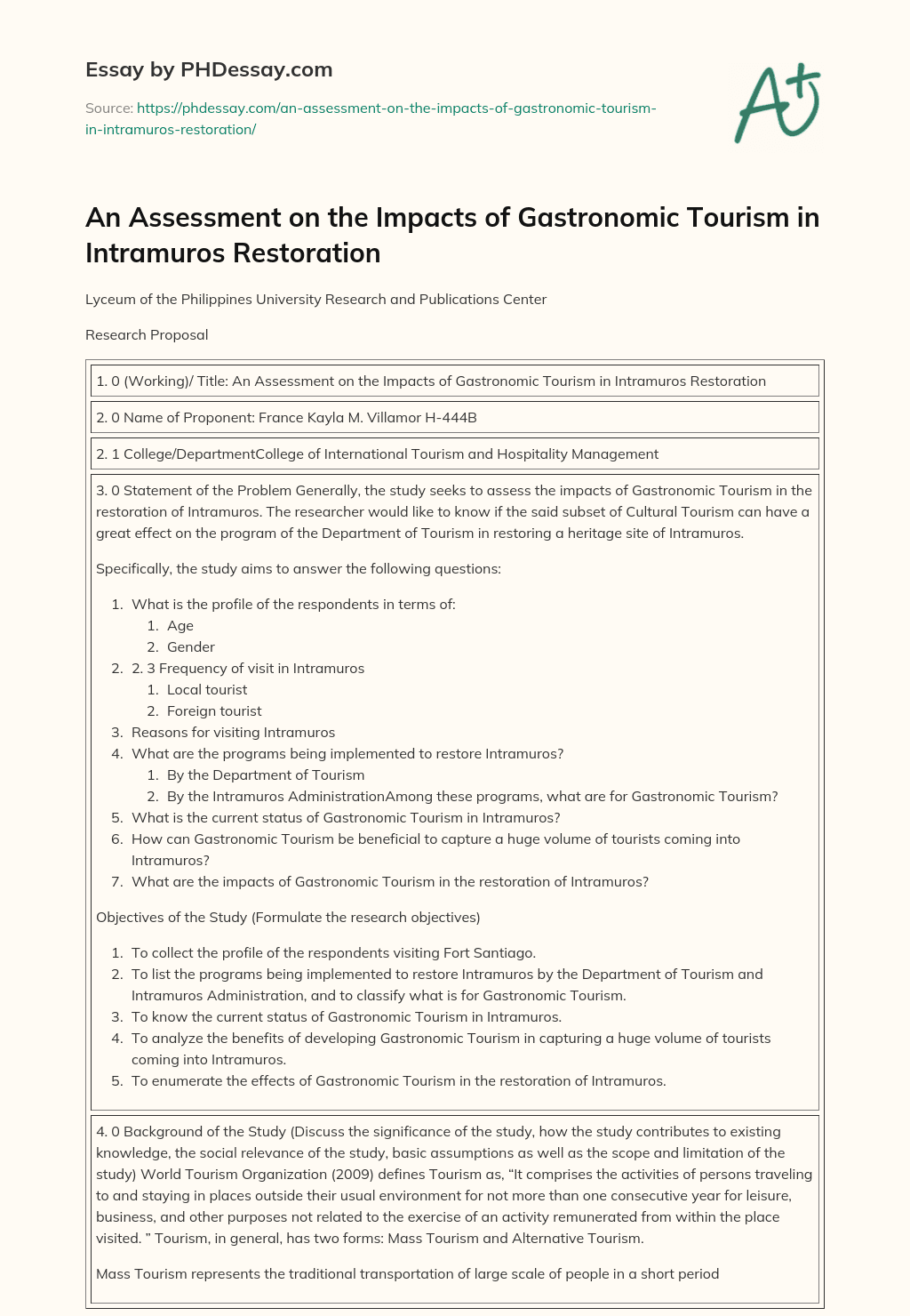 An Assessment on the Impacts of Gastronomic Tourism in Intramuros Restoration essay