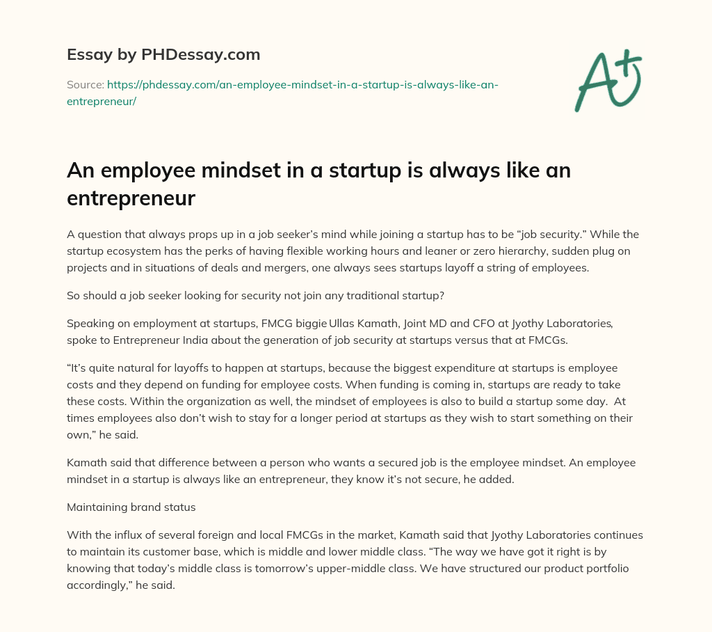 An employee mindset in a startup is always like an entrepreneur essay